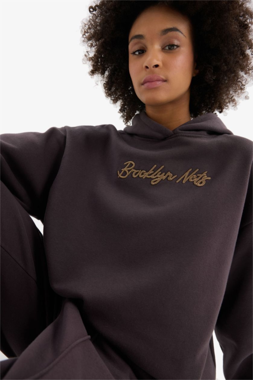 Kadın Antrasit NBA Brooklyn Nets Oversize Geniş Kalıp Kapüşonlu Kalın Sporcu Sweatshirt
