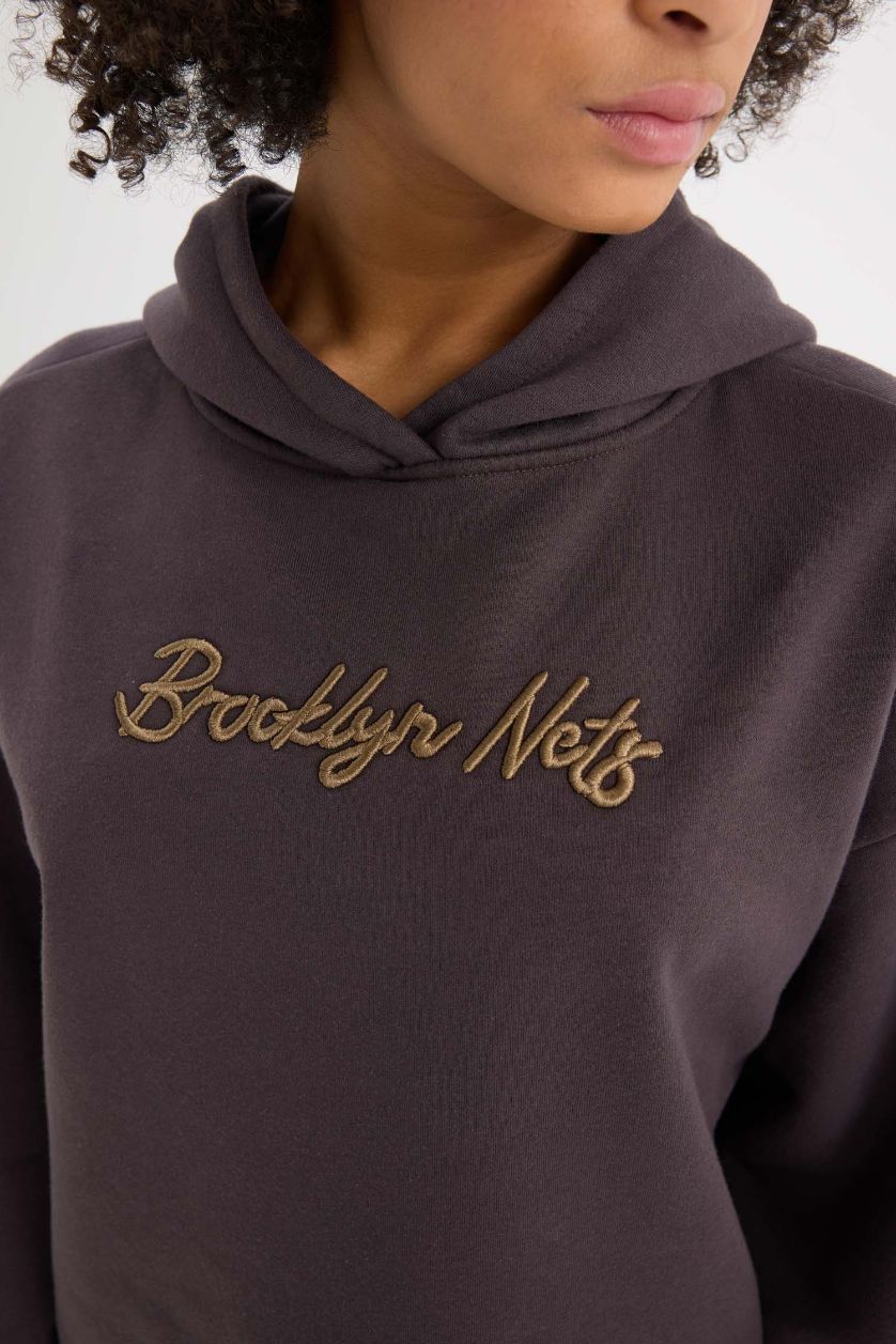 Kadın Antrasit NBA Brooklyn Nets Oversize Geniş Kalıp Kapüşonlu Kalın Sporcu Sweatshirt