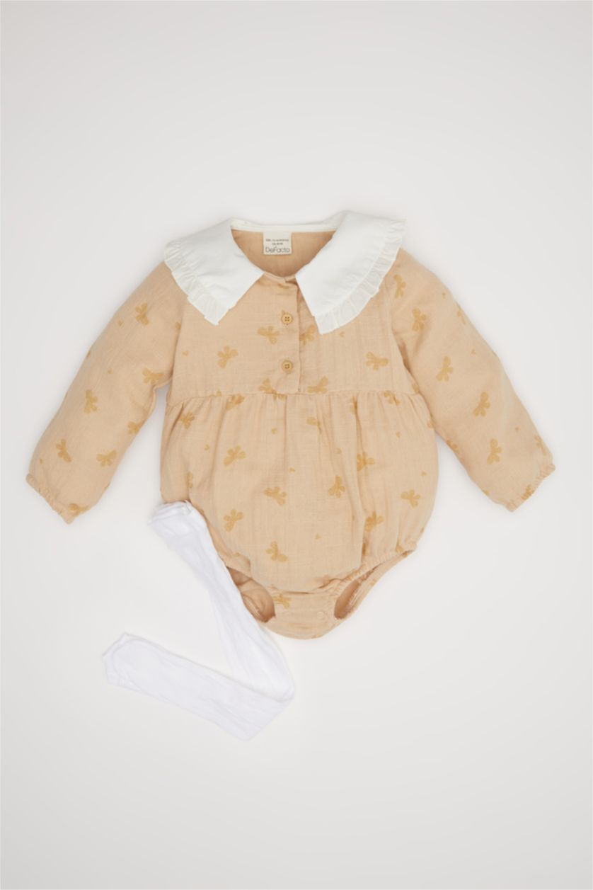 BABY GIRL Beige Girl Baby Newborn Butterfly Patterned Muslin Jumpsuit Leggings 2 Piece Set