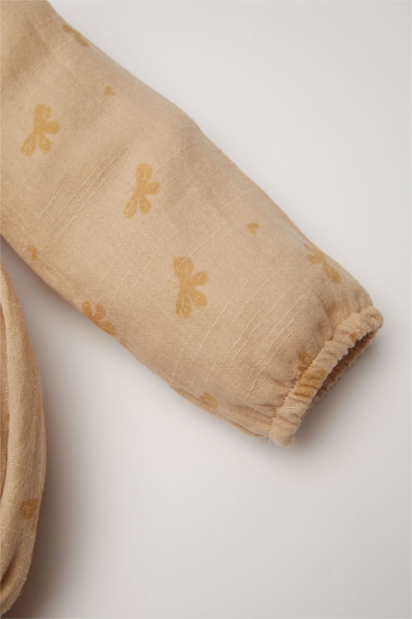 BABY GIRL Beige Girl Baby Newborn Butterfly Patterned Muslin Jumpsuit Leggings 2 Piece Set