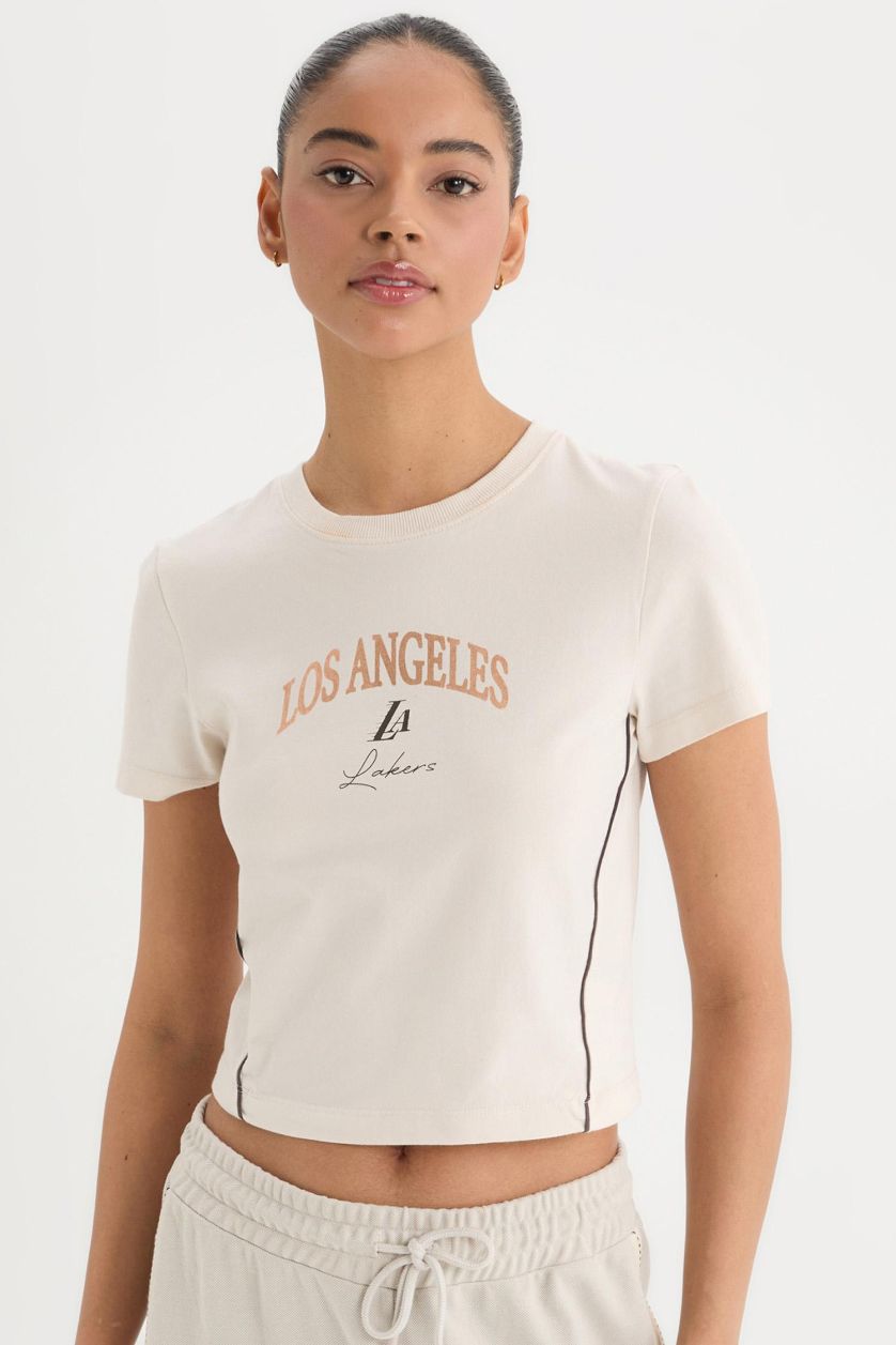 Kadın Ekru NBA Los Angeles Lakers Slim Crop Fit Bisiklet Yaka Kısa Kollu Tişört