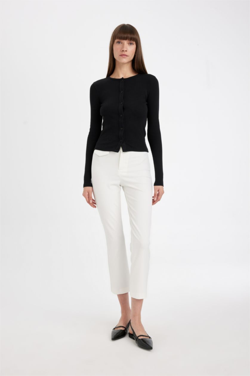 FEMME Noir Cardigan Slim à col rond et à boutons pour Femme