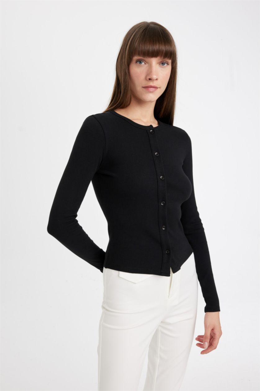 FEMME Noir Cardigan Slim à col rond et à boutons pour Femme