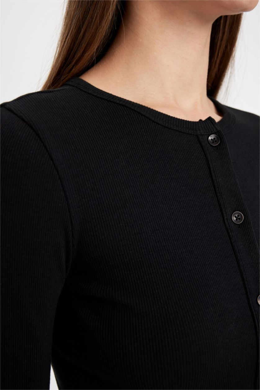 FEMME Noir Cardigan Slim à col rond et à boutons pour Femme