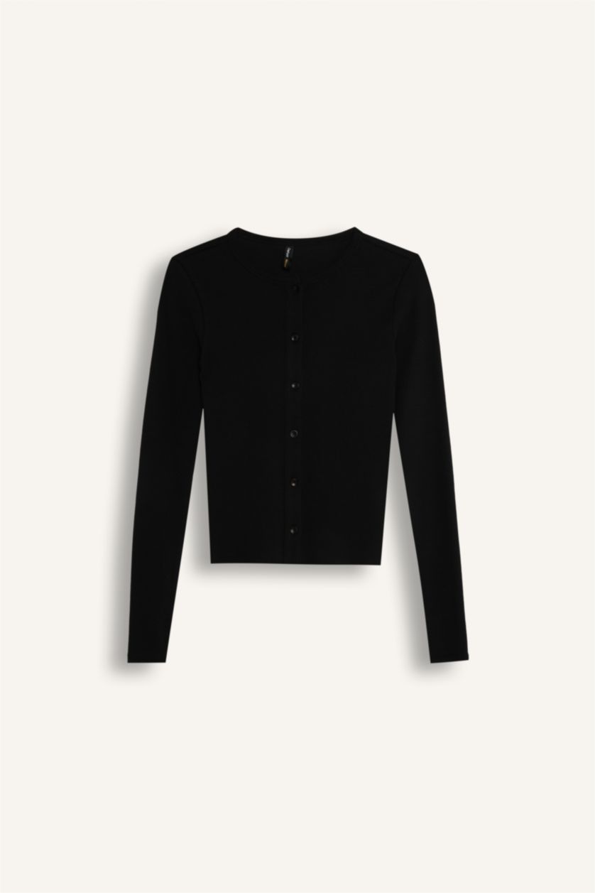 FEMME Noir Cardigan Slim à col rond et à boutons pour Femme