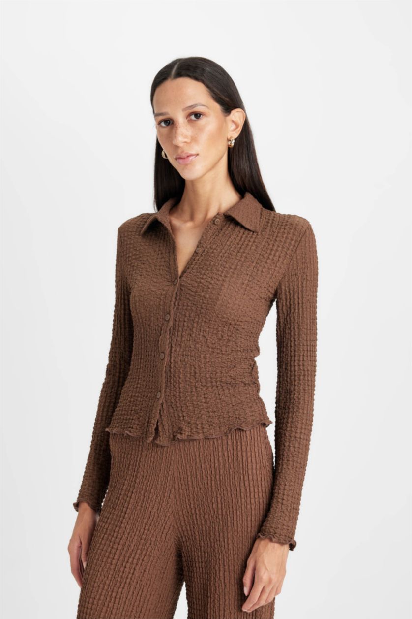 نساء بني تيشيرت بولو ردن طويل سليم فيت