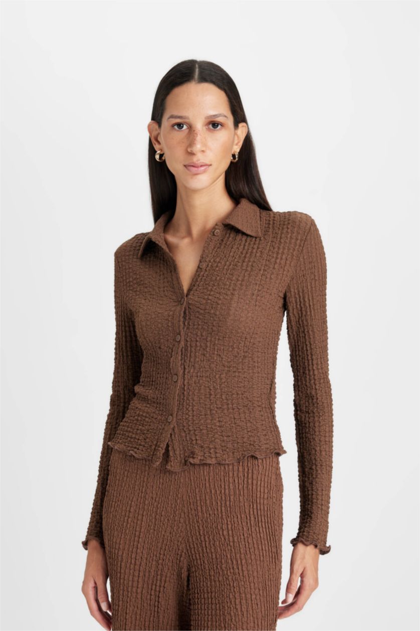 نساء بني تيشيرت بولو ردن طويل سليم فيت