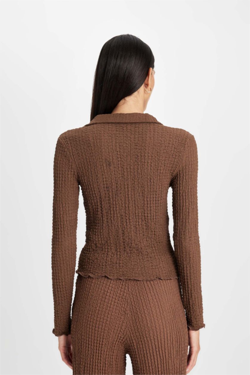 نساء بني تيشيرت بولو ردن طويل سليم فيت