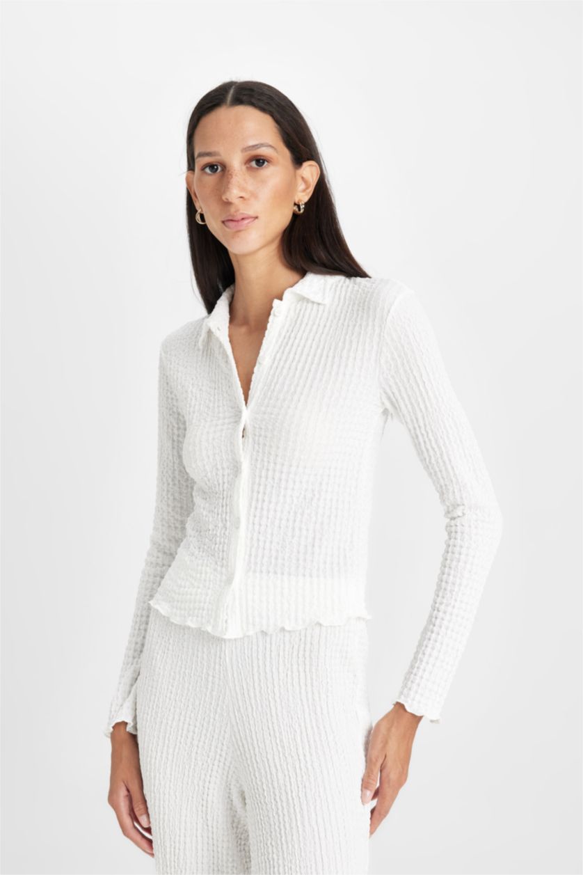 Kadın Ekru Slim Fit Dar Kesim Polo Yaka Bürümcük Uzun Kollu Tişört