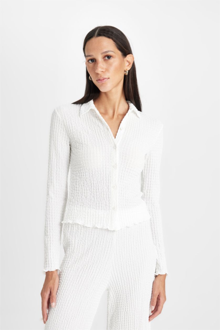 Kadın Ekru Slim Fit Dar Kesim Polo Yaka Bürümcük Uzun Kollu Tişört