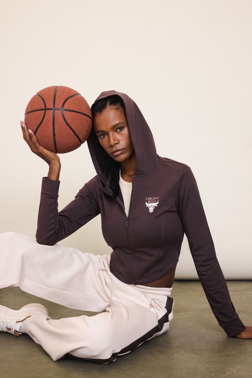 Kadın Antrasit NBA Chicago Bulls Slim Fit Dar Kesim Kapüşonlu  Forma Kumaşı Fermuarlı Hırka