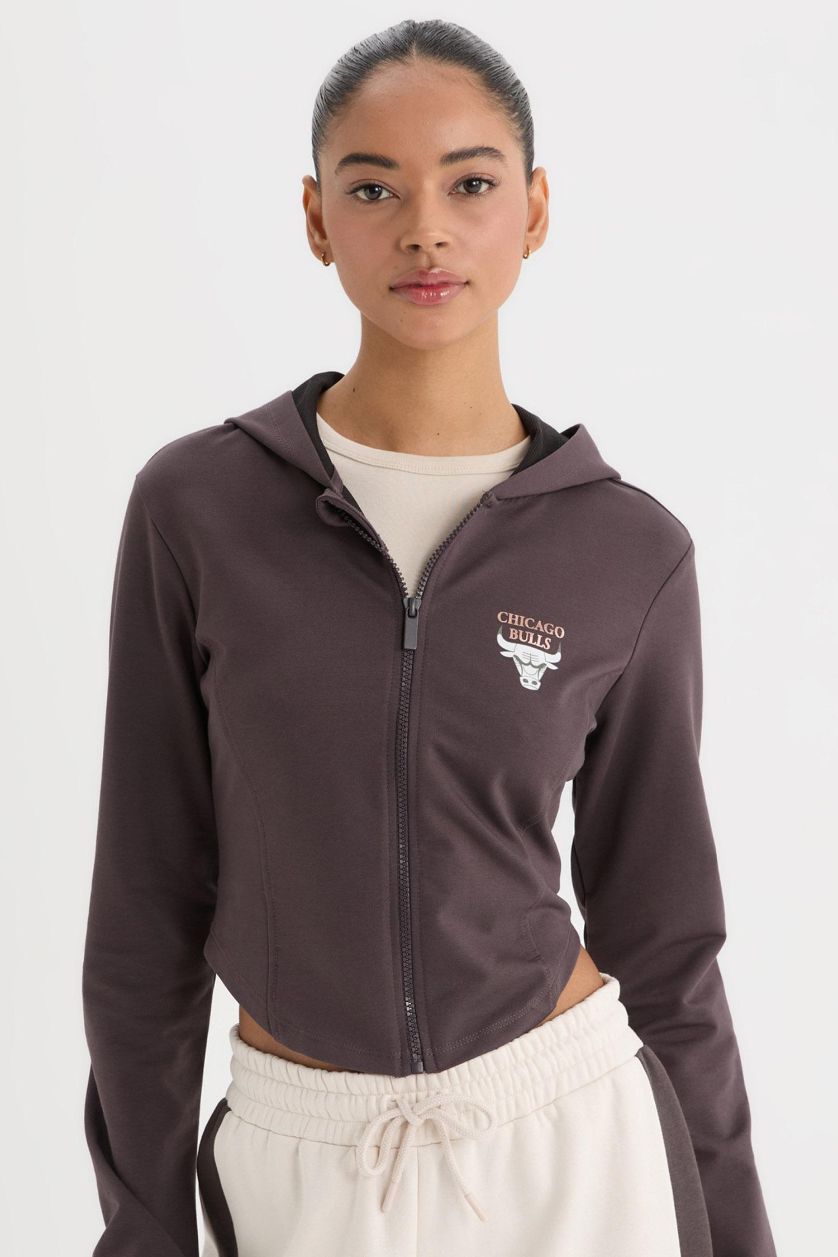 Kadın Antrasit NBA Chicago Bulls Slim Fit Dar Kesim Kapüşonlu  Forma Kumaşı Fermuarlı Hırka