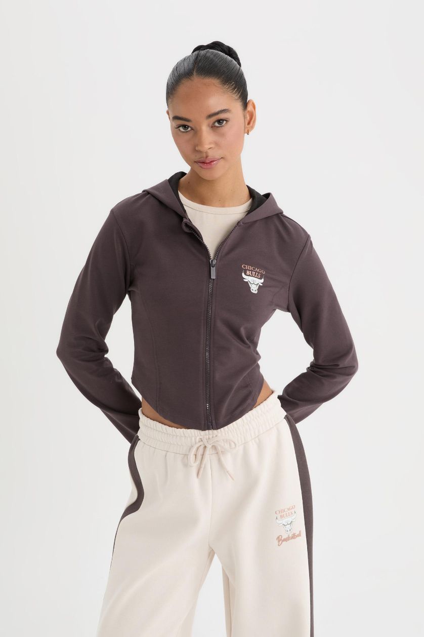 Kadın Antrasit NBA Chicago Bulls Slim Fit Dar Kesim Kapüşonlu  Forma Kumaşı Fermuarlı Hırka