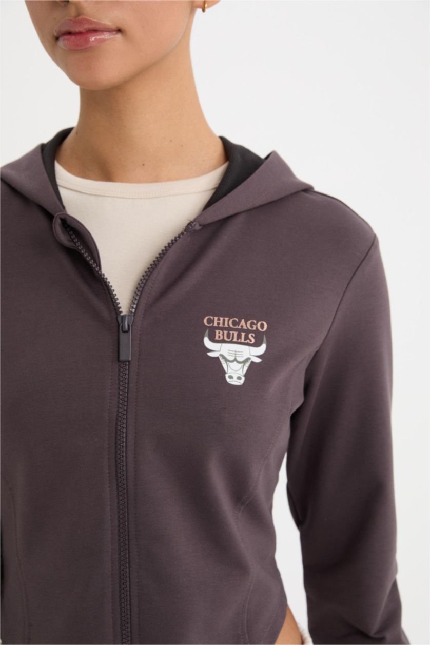 Kadın Antrasit NBA Chicago Bulls Slim Fit Dar Kesim Kapüşonlu  Forma Kumaşı Fermuarlı Hırka