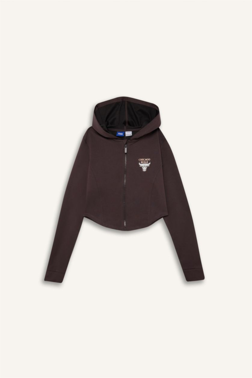 Kadın Antrasit NBA Chicago Bulls Slim Fit Dar Kesim Kapüşonlu  Forma Kumaşı Fermuarlı Hırka