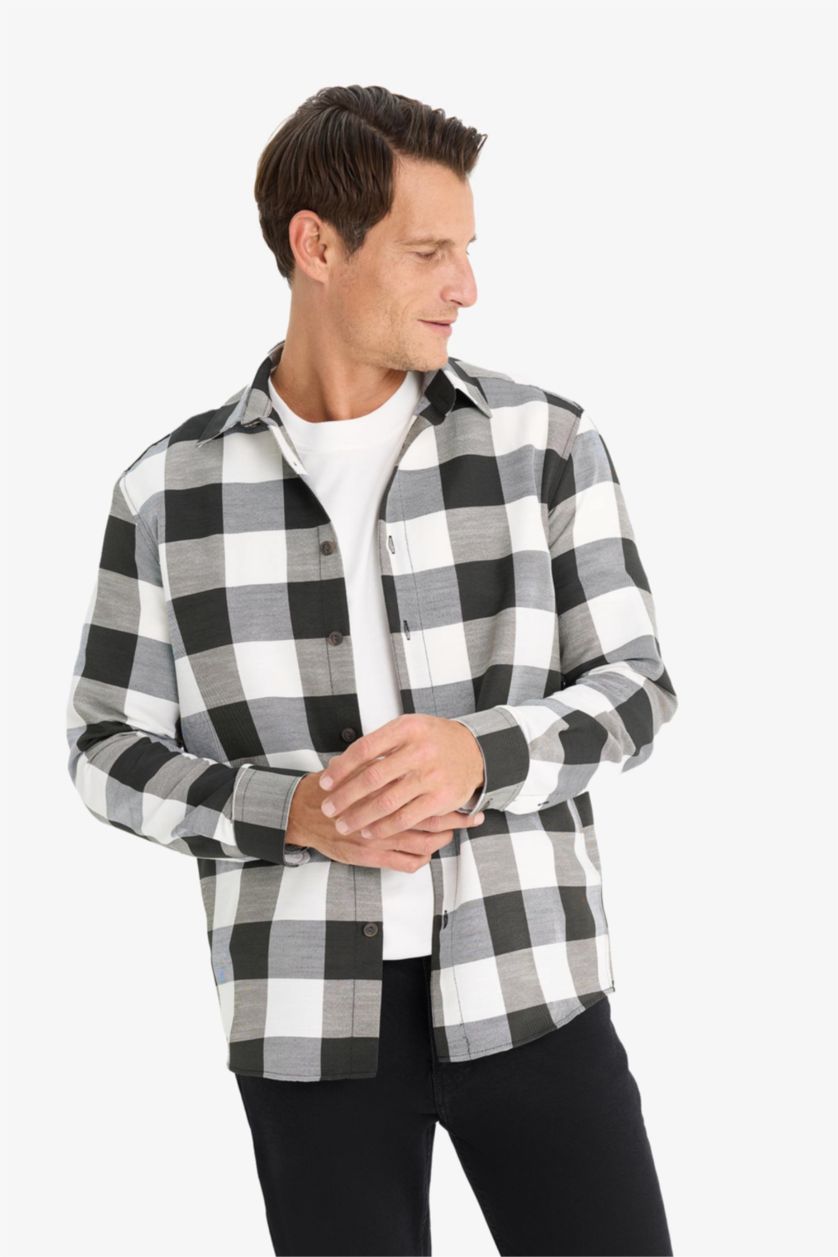 Man Black Regular Fit Polo Collar Cotton Long Sleeve Shirt