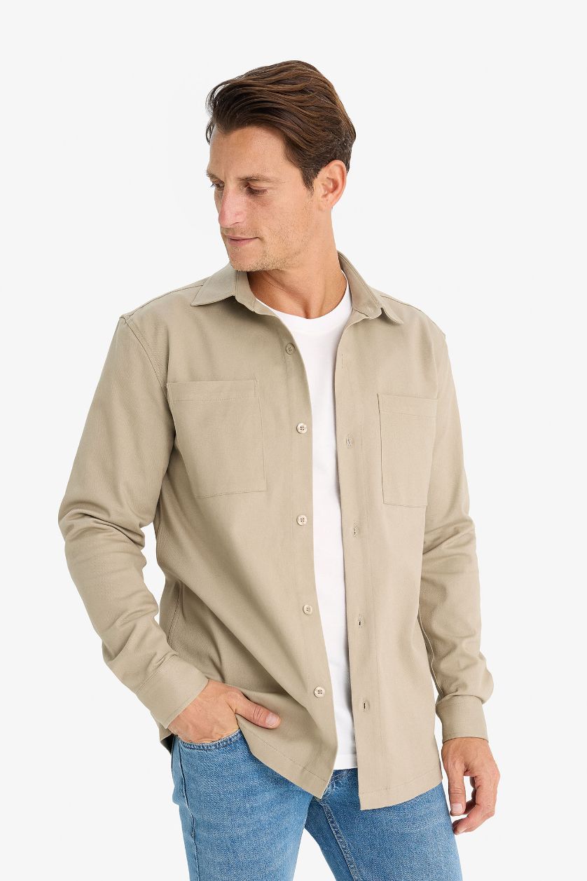 Man Light Khaki Regular Fit Polo Collar Gabardine Long Sleeve Shirt