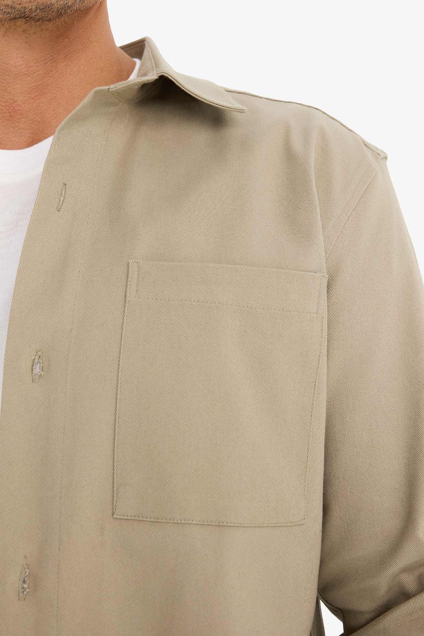 Man Light Khaki Regular Fit Polo Collar Gabardine Long Sleeve Shirt