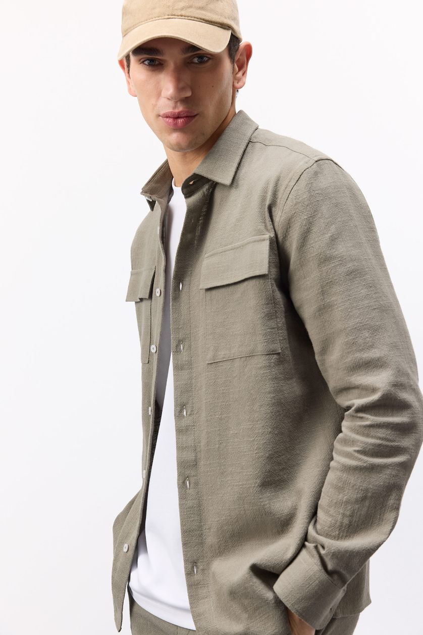 MAN Khaki Regular Fit Polo Collar Cotton Long Sleeve Shirt