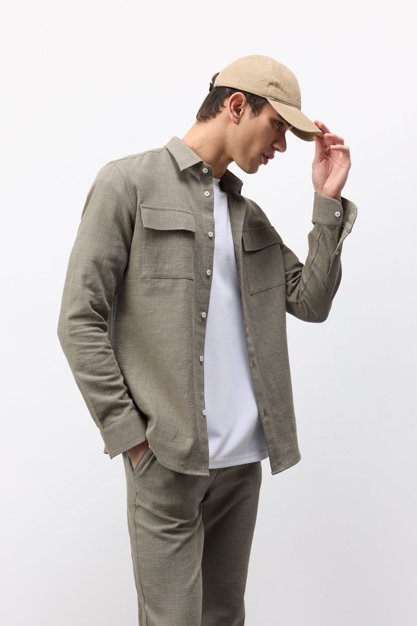 MAN Khaki Regular Fit Polo Collar Cotton Long Sleeve Shirt