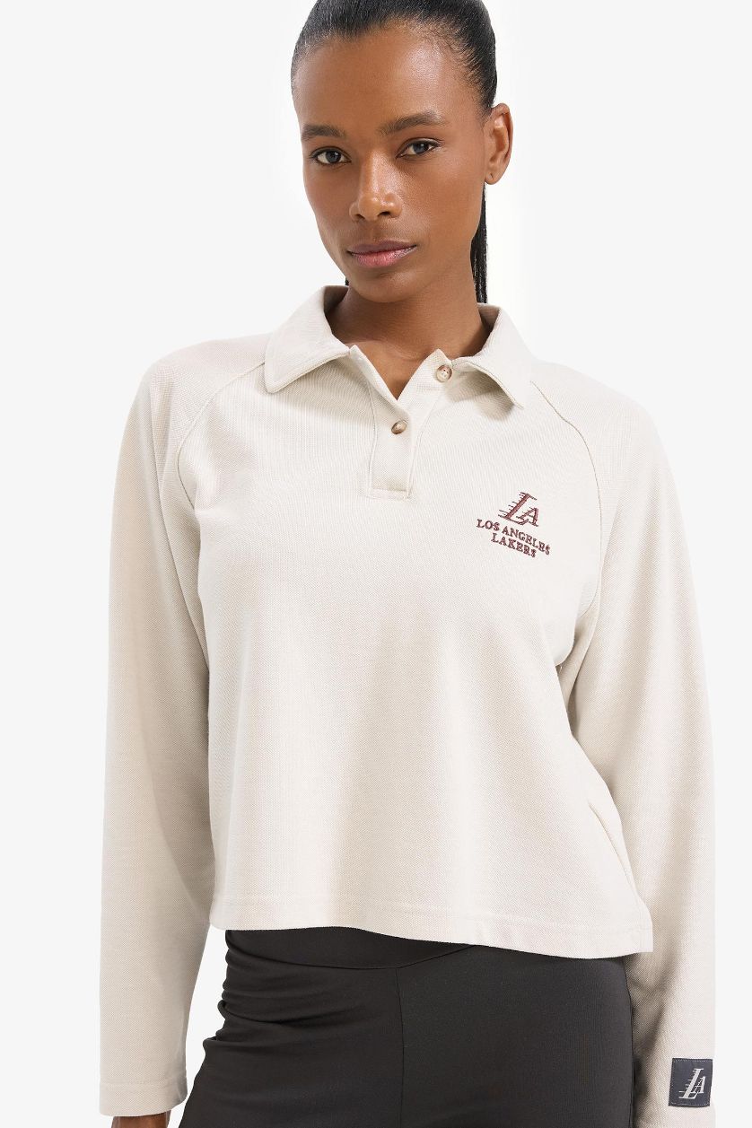 Kadın Bej Melanj NBA Los Angeles Lakers Polo Yaka Pike Sweatshirt