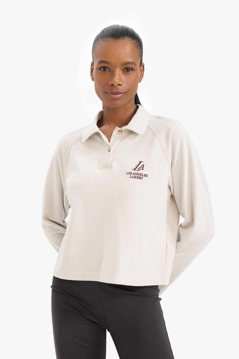 Kadın Bej Melanj NBA Los Angeles Lakers Polo Yaka Pike Sweatshirt