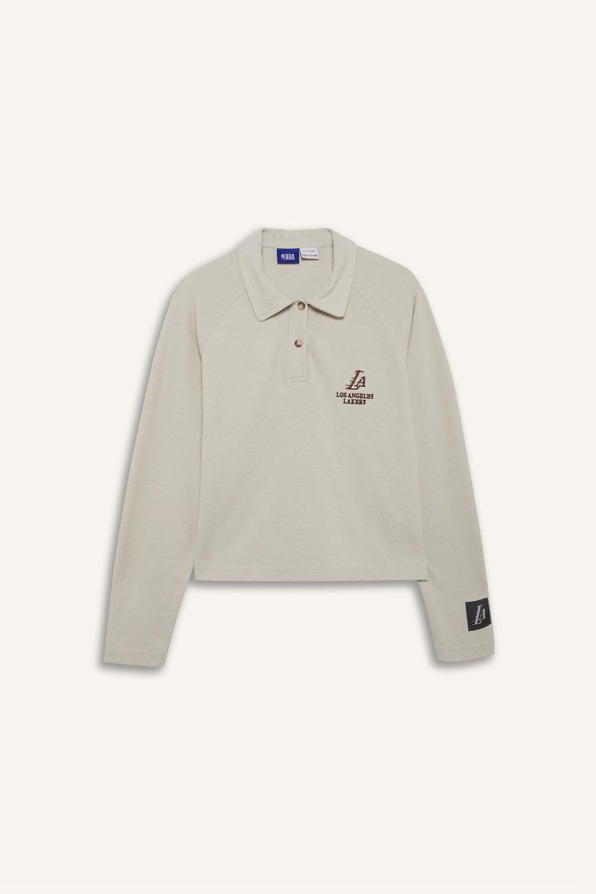 Kadın Bej Melanj NBA Los Angeles Lakers Polo Yaka Pike Sweatshirt