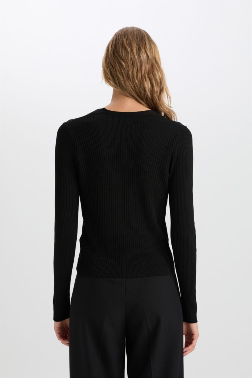 Kadın Siyah Fitted V Yaka Basic Düz Düğmeli Ribana Siyah Hırka