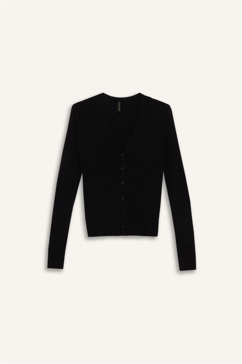 Kadın Siyah Fitted V Yaka Basic Düz Düğmeli Ribana Siyah Hırka