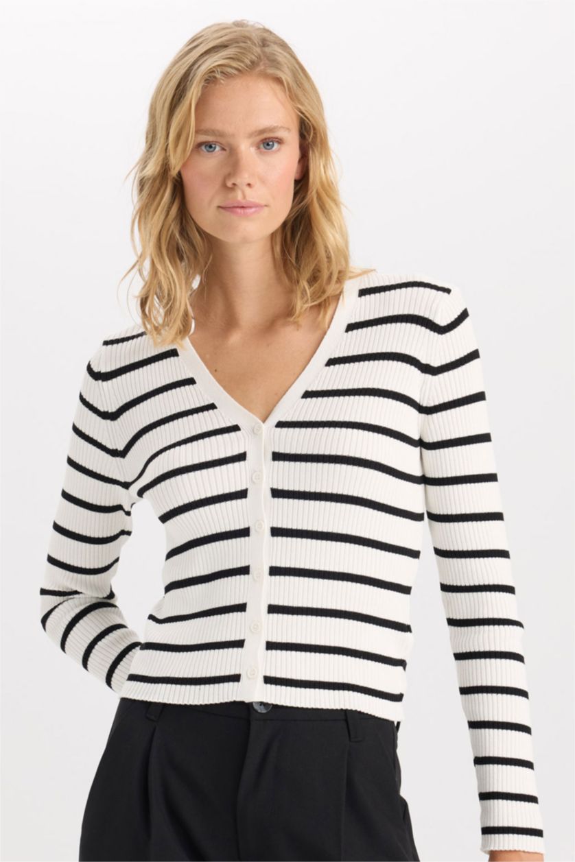 FEMME Écru Cardigan en Viscose slim rayé à coupe slim