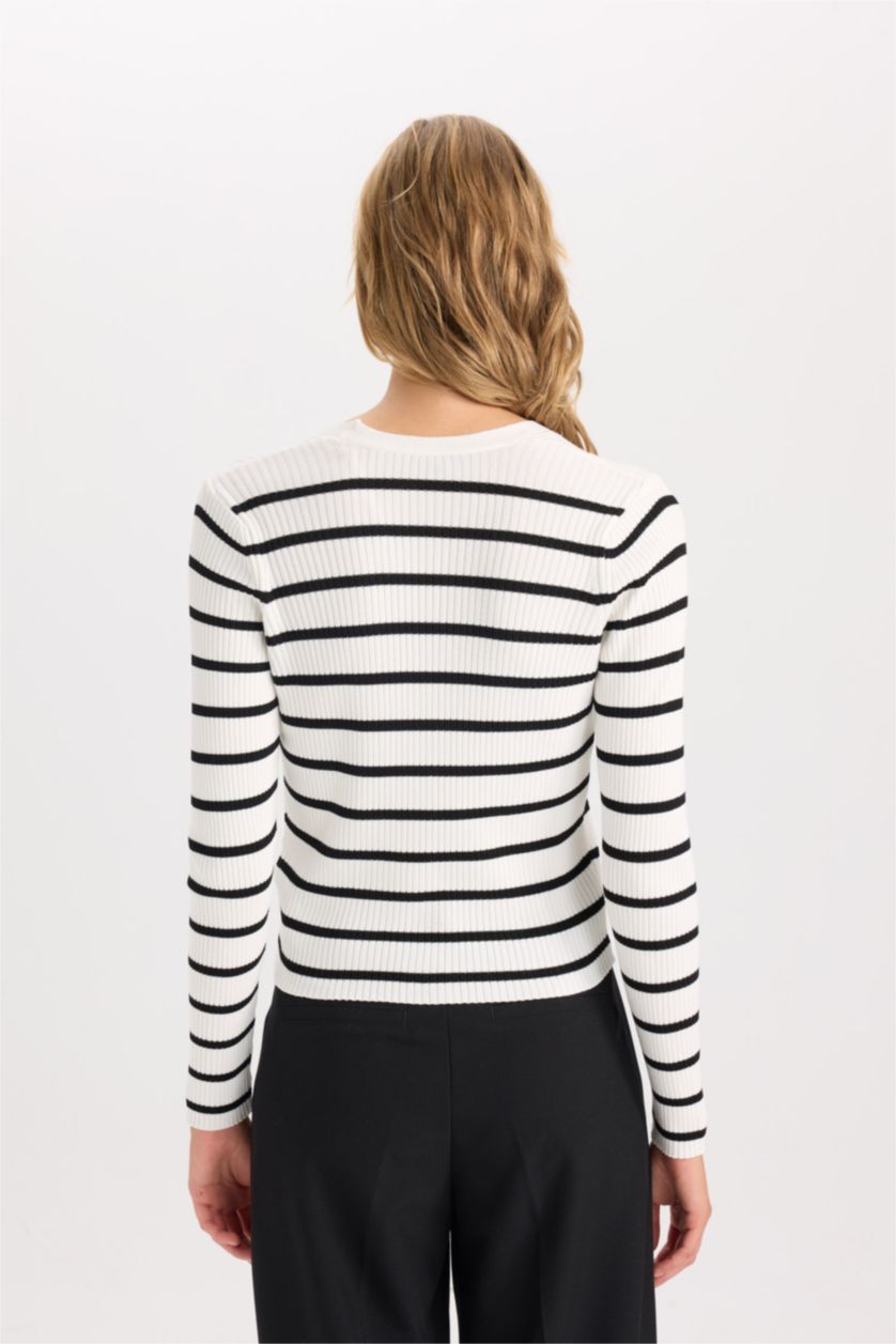 FEMME Écru Cardigan en Viscose slim rayé à coupe slim