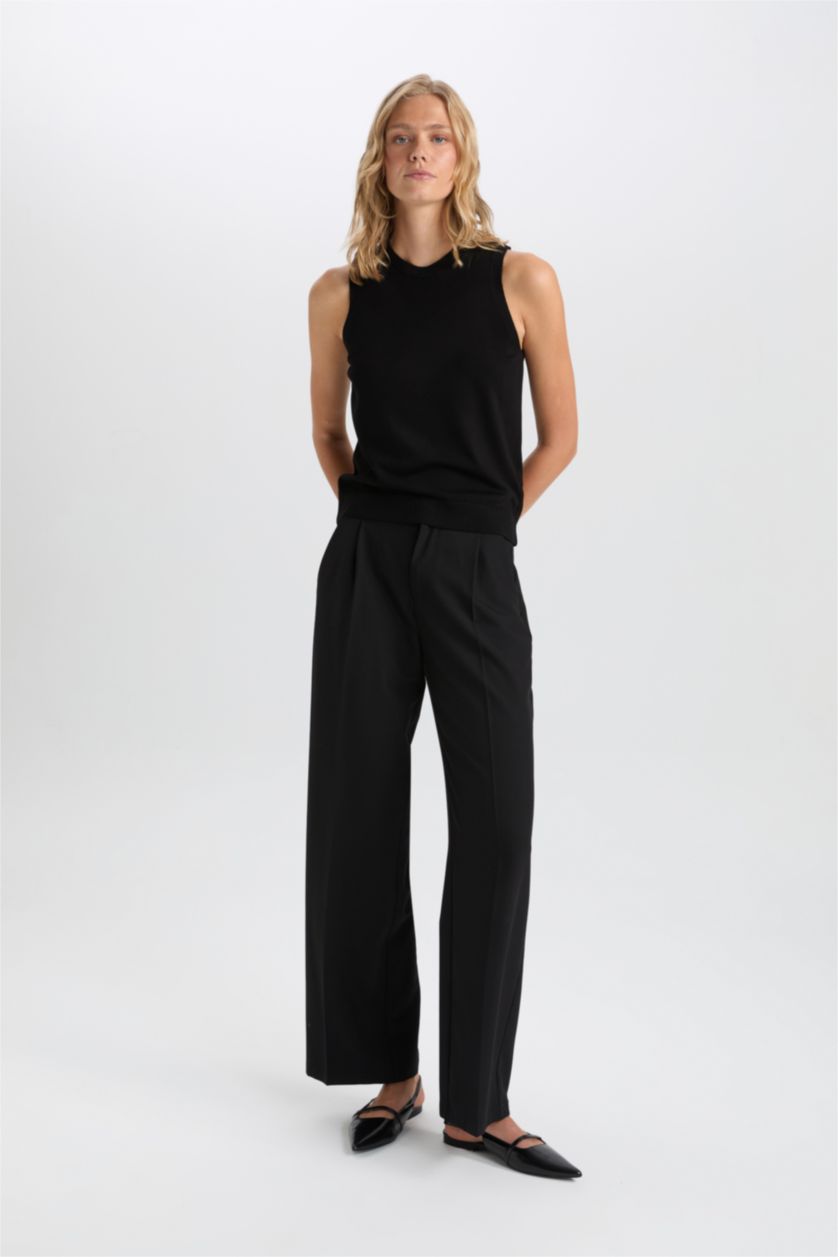 Kadın Siyah Fitted Bisiklet Yaka Kolsuz Basic Düz Triko Kazak