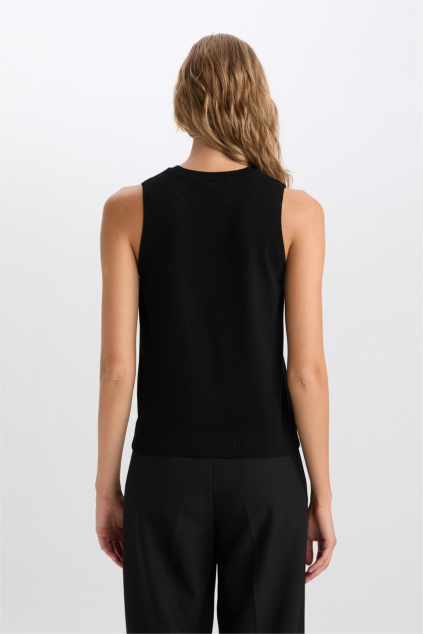 Kadın Siyah Fitted Bisiklet Yaka Kolsuz Basic Düz Triko Kazak