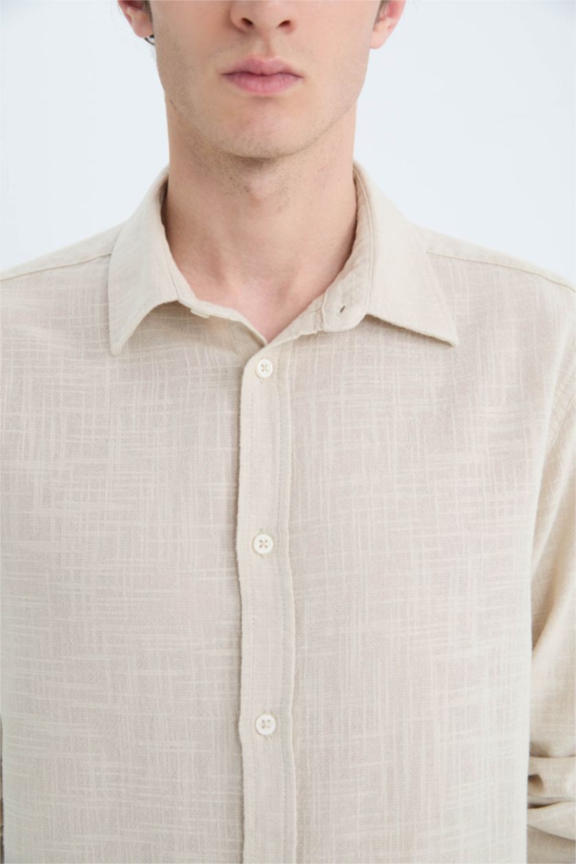 Erkek Bej %100 Pamuk Regular Fit Polo Yaka Pamuklu Uzun Kollu Gömlek