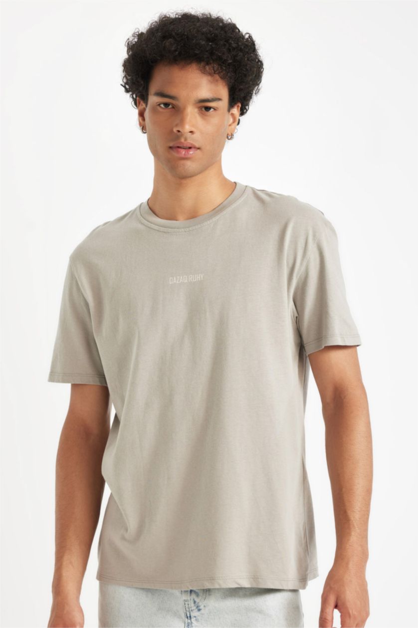 Ерлер Сұр дөңгелек жаға слоган Қысқа жеңді футболка