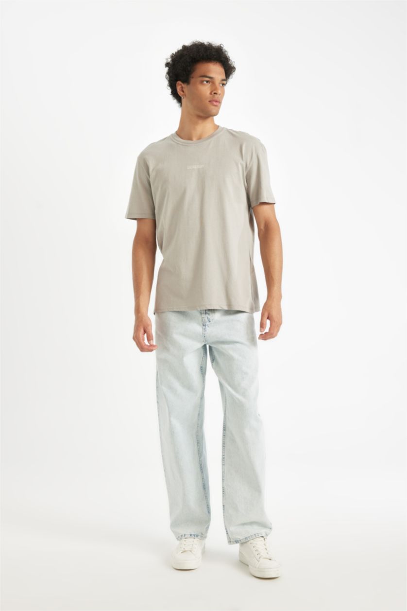 Ерлер Сұр дөңгелек жаға слоган Қысқа жеңді футболка