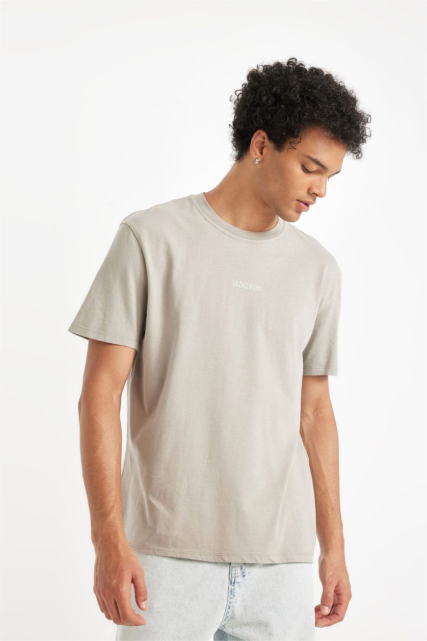 Ерлер Сұр дөңгелек жаға слоган Қысқа жеңді футболка