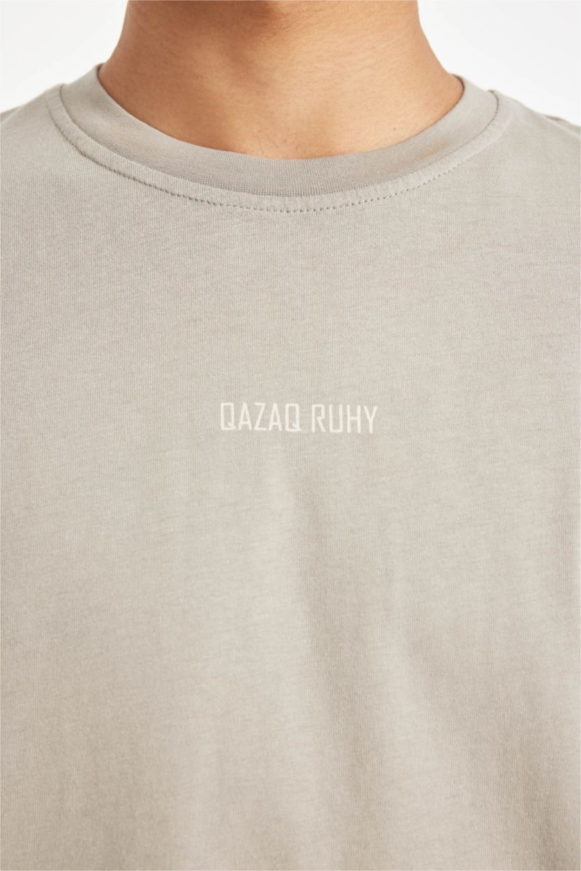 Ерлер Сұр дөңгелек жаға слоган Қысқа жеңді футболка