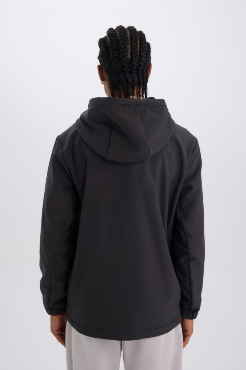 Erkek Antrasit Su İtici Regular Fit Kapüşonlu İçi Polarlı Fermuarlı Softshell Yağmurluk