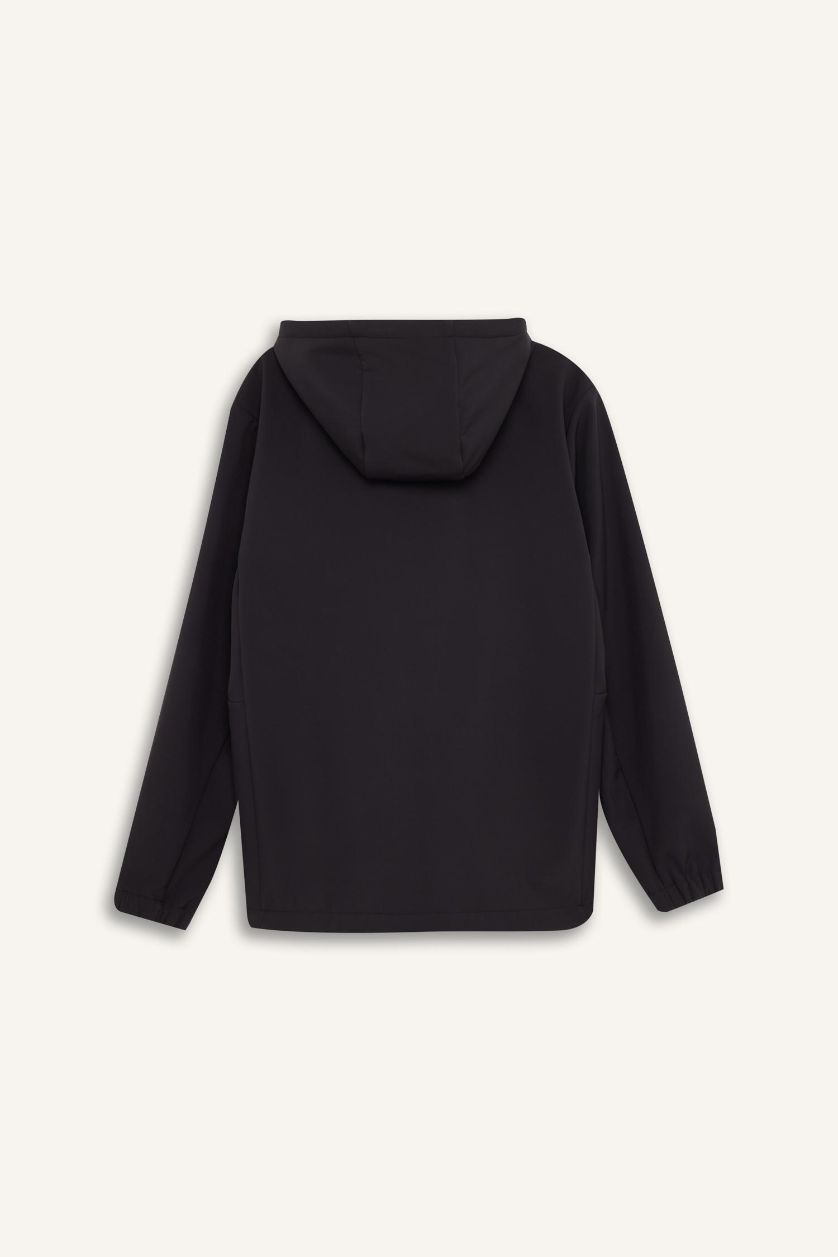 Erkek Antrasit Su İtici Regular Fit Kapüşonlu İçi Polarlı Fermuarlı Softshell Yağmurluk