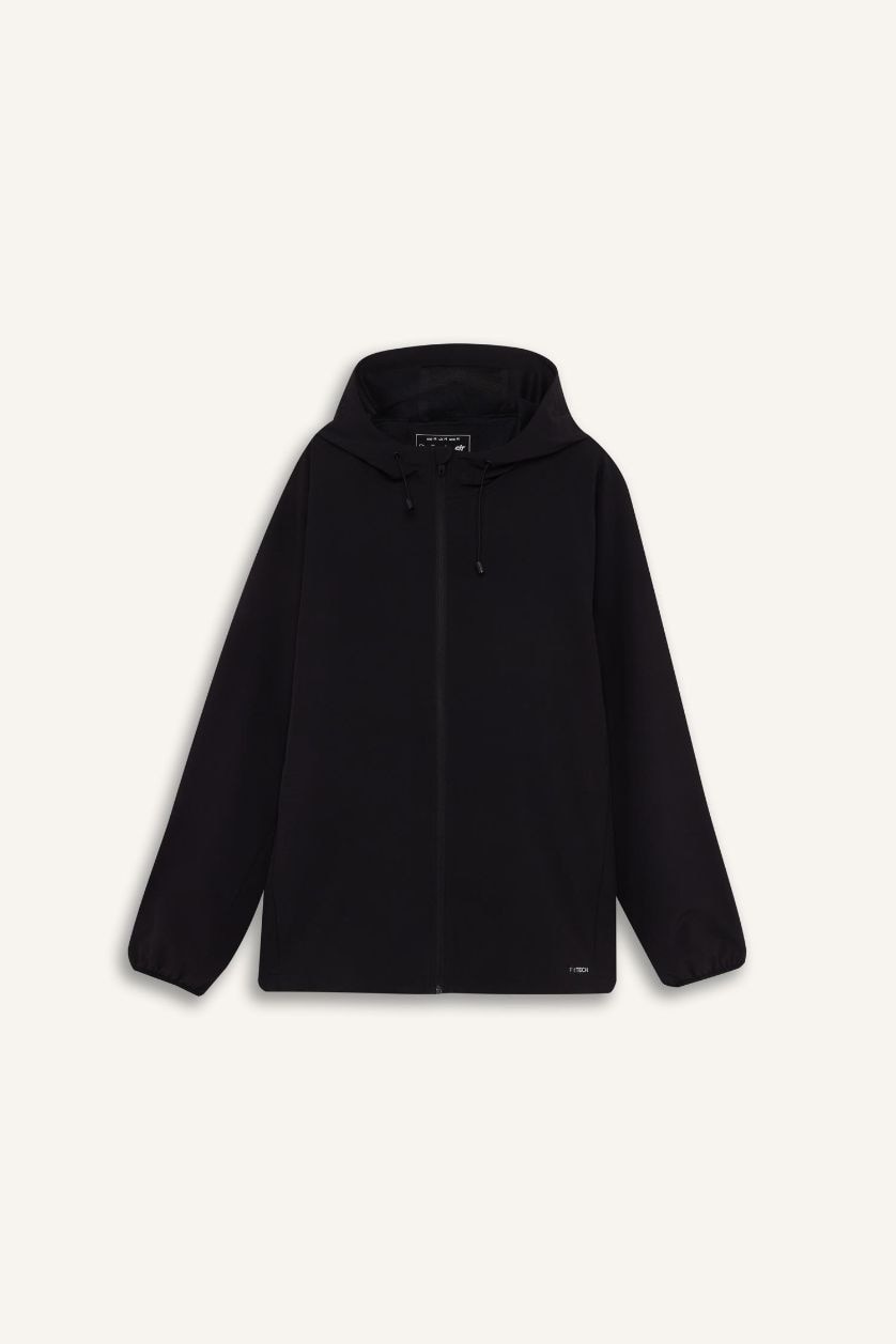 Erkek Siyah Su İtici Regular Fit Kapüşonlu File Astarlı Fermuarlı Mevsimlik Baharlık Yağmurluk Mont