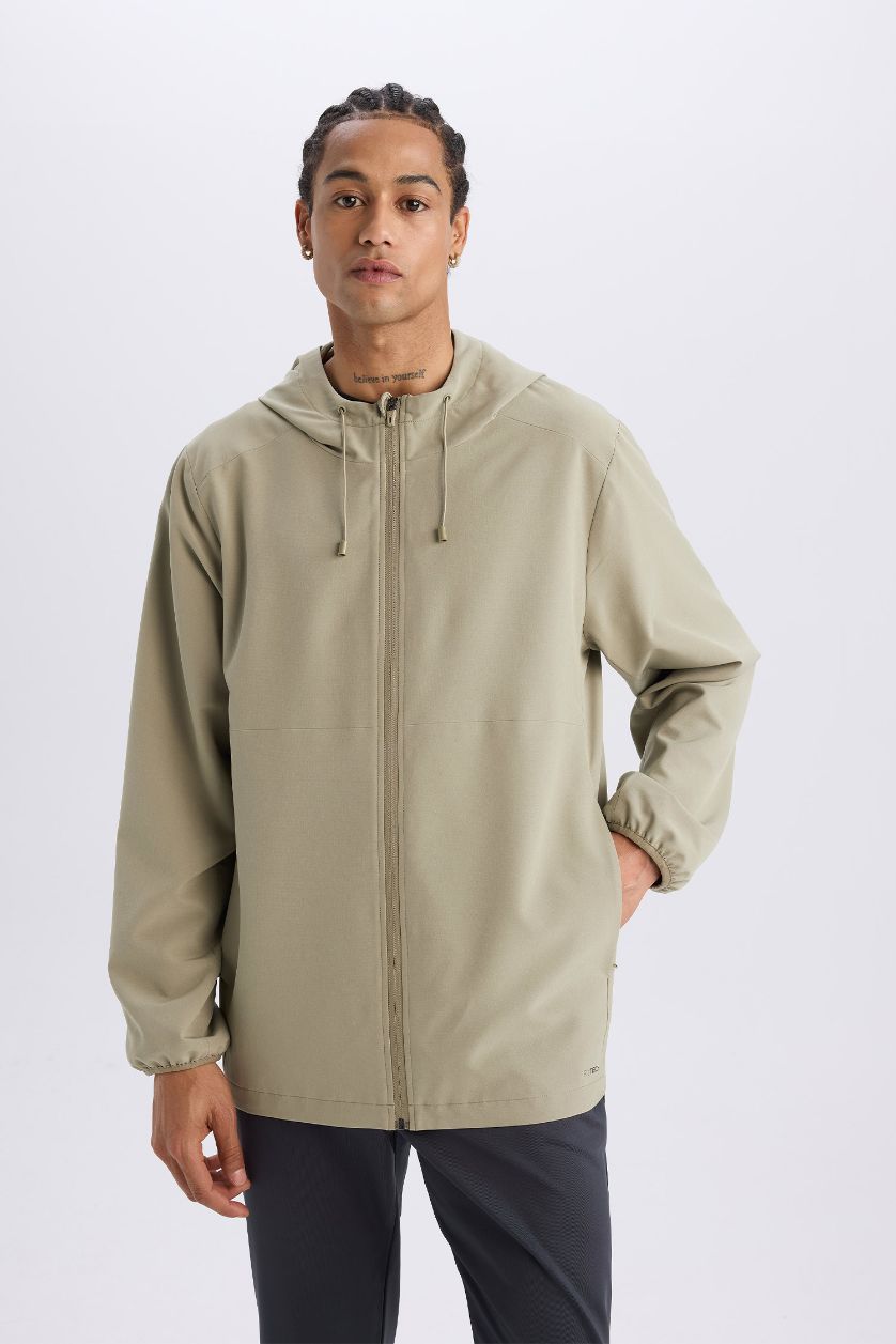 Erkek Açık Haki Su İtici Regular Fit Kapüşonlu File Astarlı Fermuarlı Mevsimlik Baharlık Yağmurluk Mont