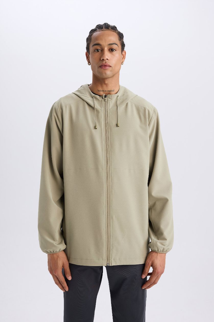 Erkek Açık Haki Su İtici Regular Fit Kapüşonlu File Astarlı Fermuarlı Mevsimlik Baharlık Yağmurluk Mont