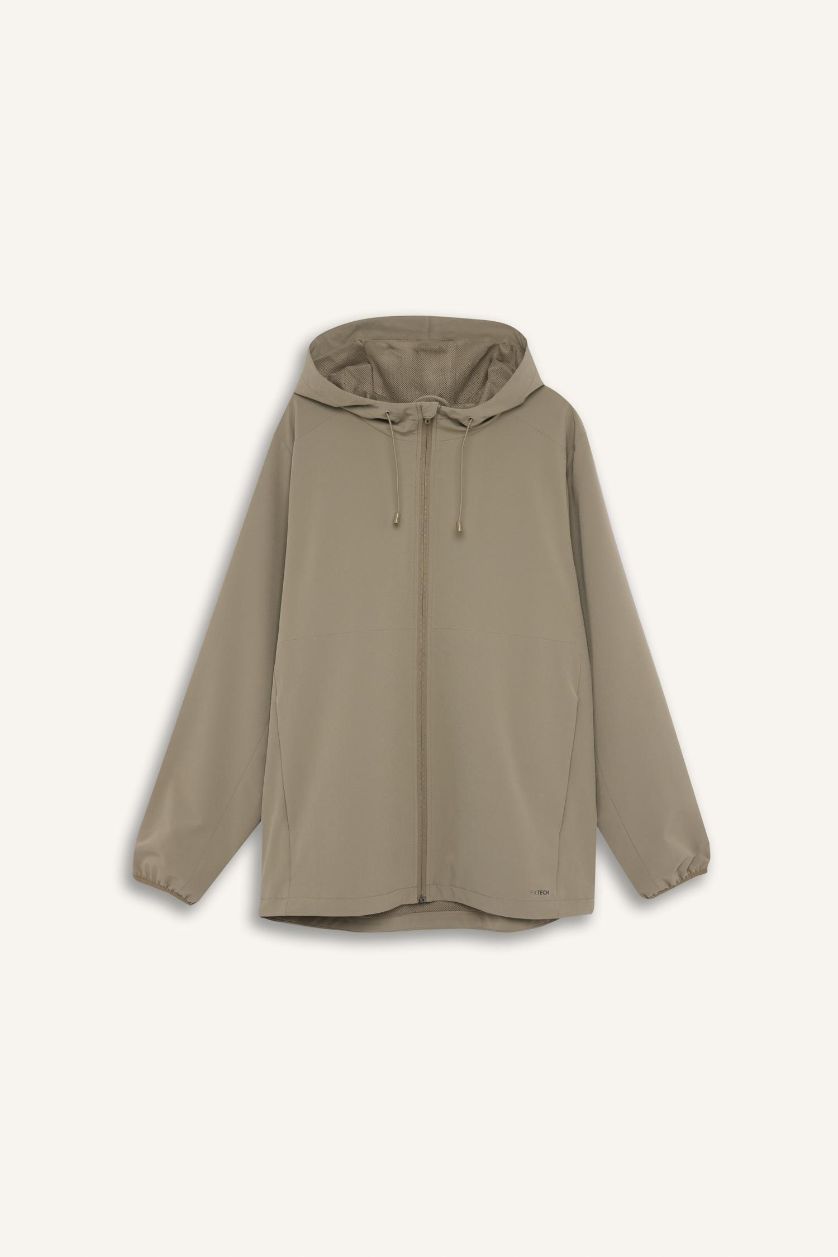 Erkek Açık Haki Su İtici Regular Fit Kapüşonlu File Astarlı Fermuarlı Mevsimlik Baharlık Yağmurluk Mont