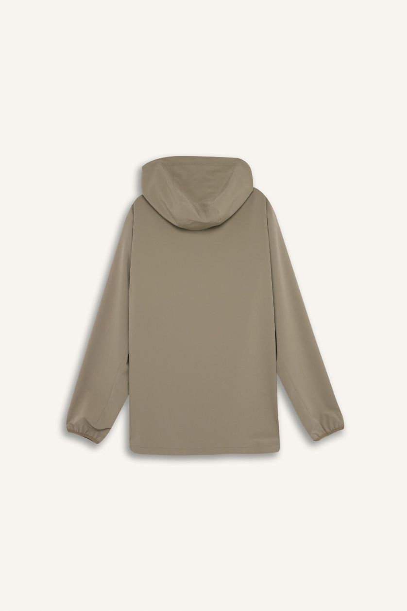 Erkek Açık Haki Su İtici Regular Fit Kapüşonlu File Astarlı Fermuarlı Mevsimlik Baharlık Yağmurluk Mont