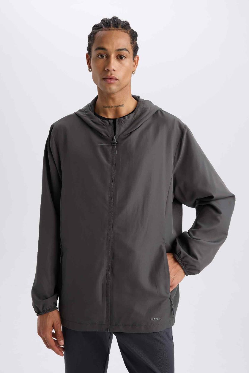 Erkek Antrasit Su İtici Regular Fit Kapüşonlu File Astarlı Fermuarlı Mevsimlik Baharlık Yağmurluk Mont