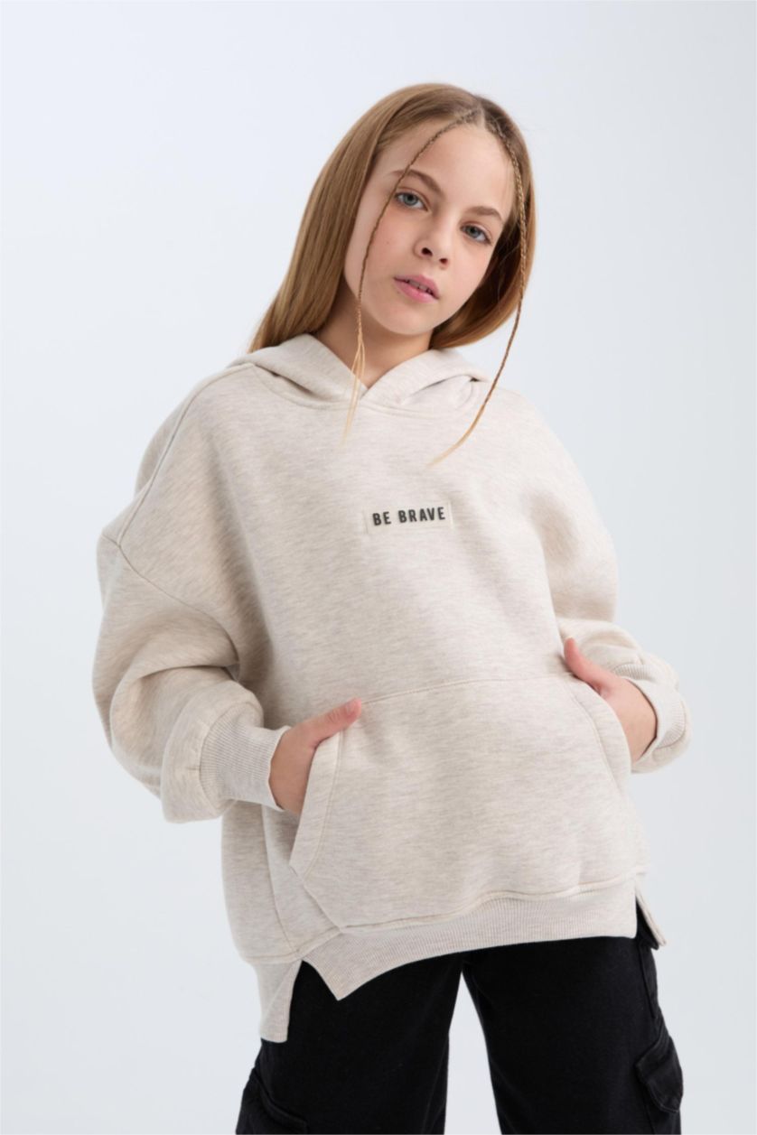 GIRLS & TEENS Beige Melange Girl Oversize Hooded Printed Thick Sweatshirt