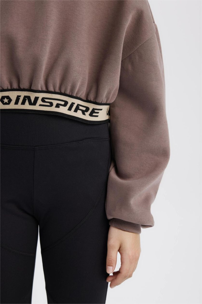 Kız Çocuk - Genç Kız Açık Kahve Crop Bisiklet Yaka Baskılı İçi Yumuşak Tüylü Sweatshirt Kız Çocuk