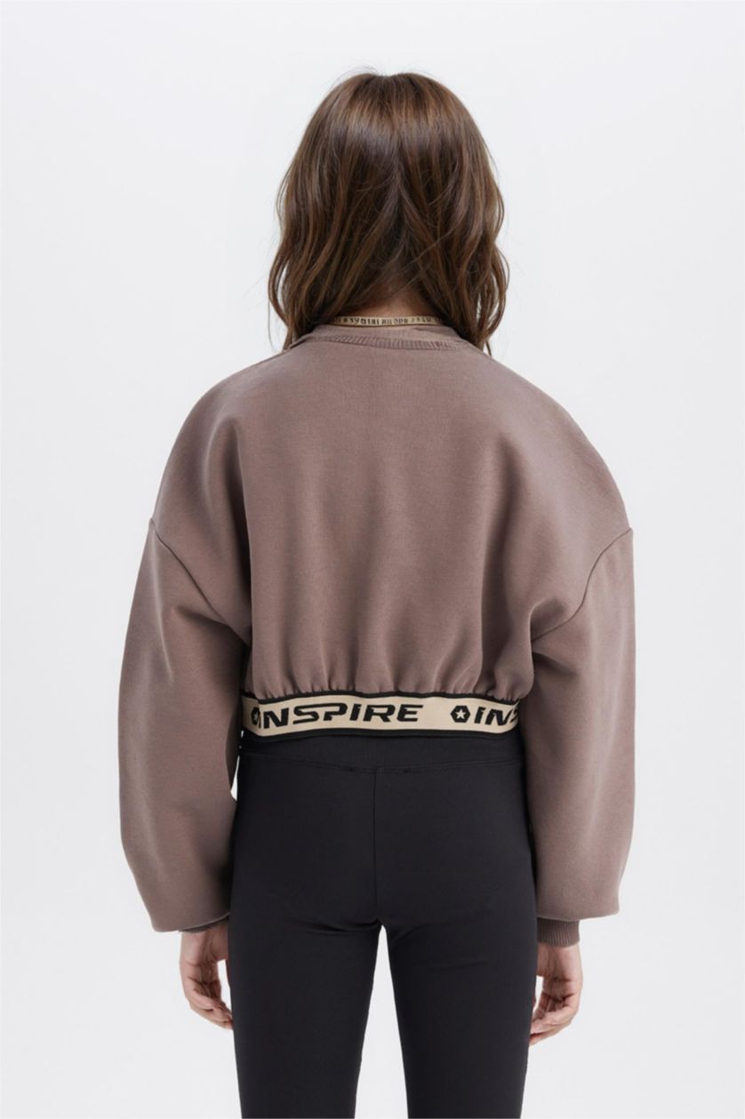 Kız Çocuk - Genç Kız Açık Kahve Crop Bisiklet Yaka Baskılı İçi Yumuşak Tüylü Sweatshirt Kız Çocuk