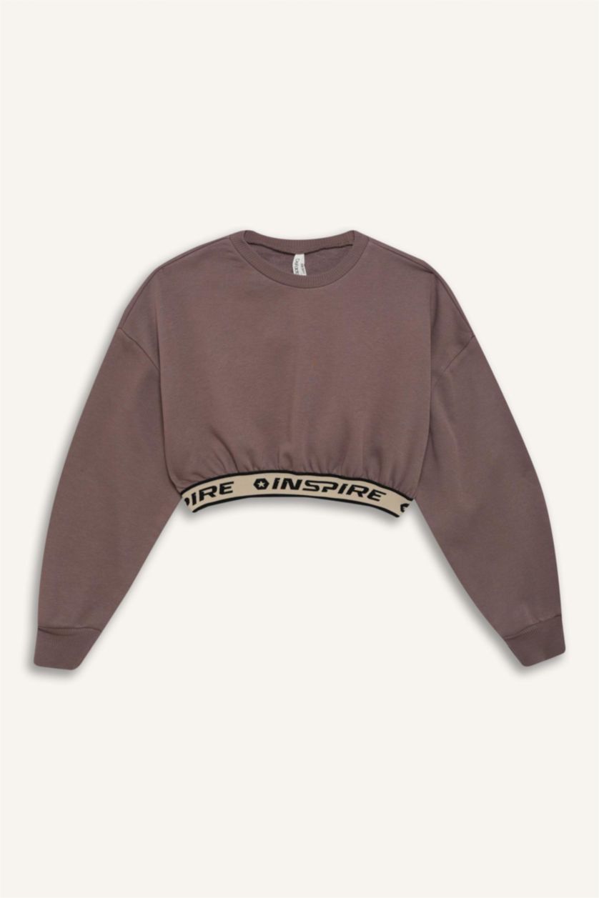 Kız Çocuk - Genç Kız Açık Kahve Crop Bisiklet Yaka Baskılı İçi Yumuşak Tüylü Sweatshirt Kız Çocuk